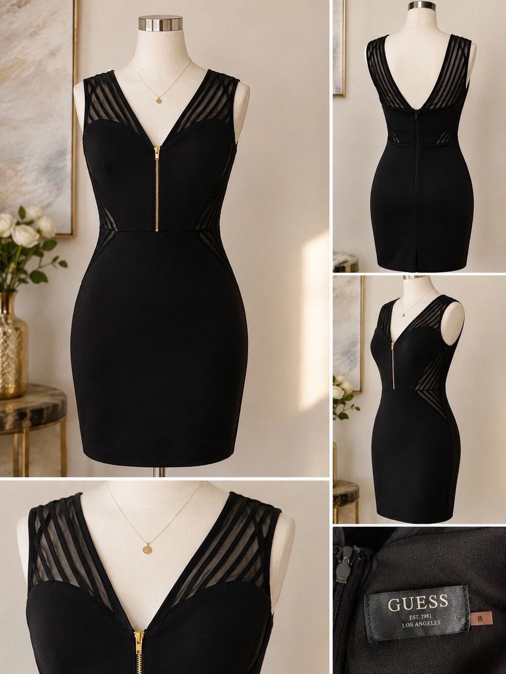 Guess Black Sheath Dress Womens 8 Gold Zip Illusion Mesh Cocktail Party Mini